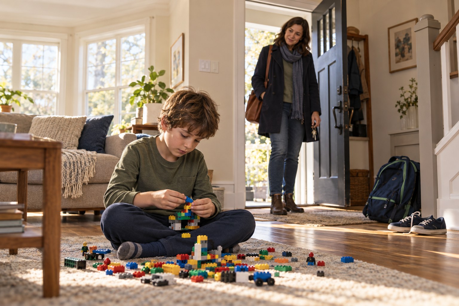 A parent waits by the doorway while her child remains absorbed in building with blocks; shoes and a school bag are ready nearby.