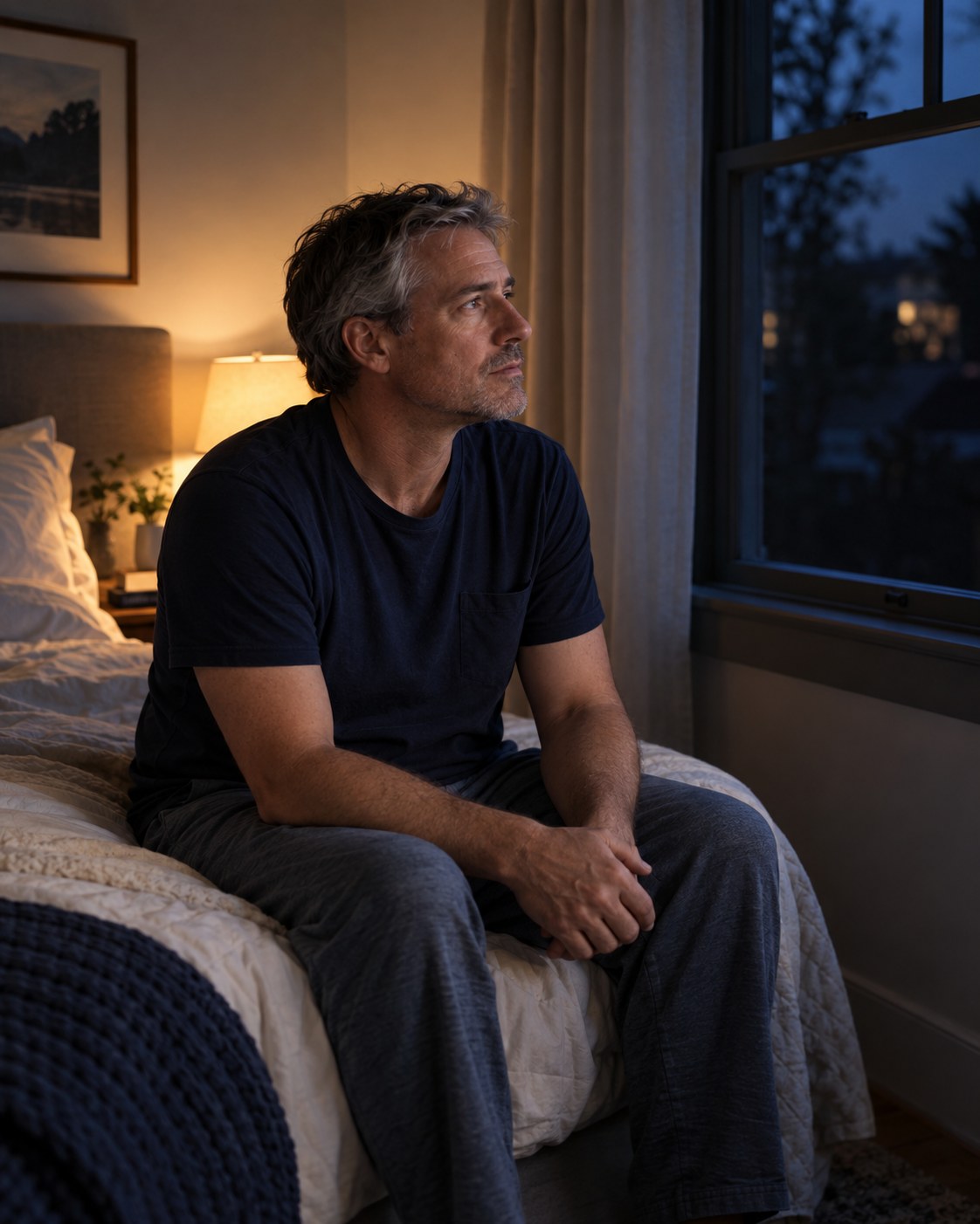 A man takes a quiet moment on the edge of his bed during a sleepless night.